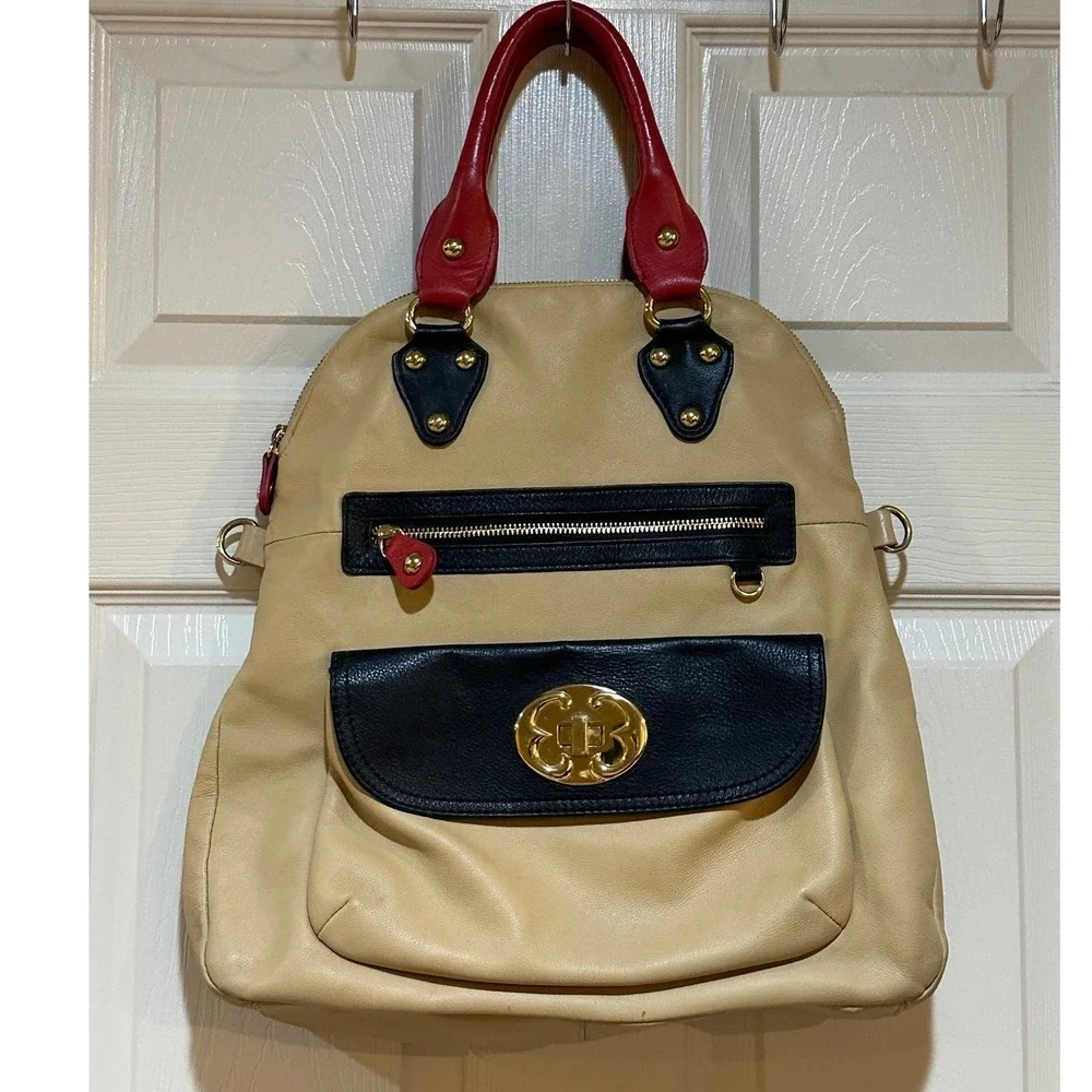 Emma Fox Leather Colorblock Satchel Backpack Beige Black Red Gold Turn Lock